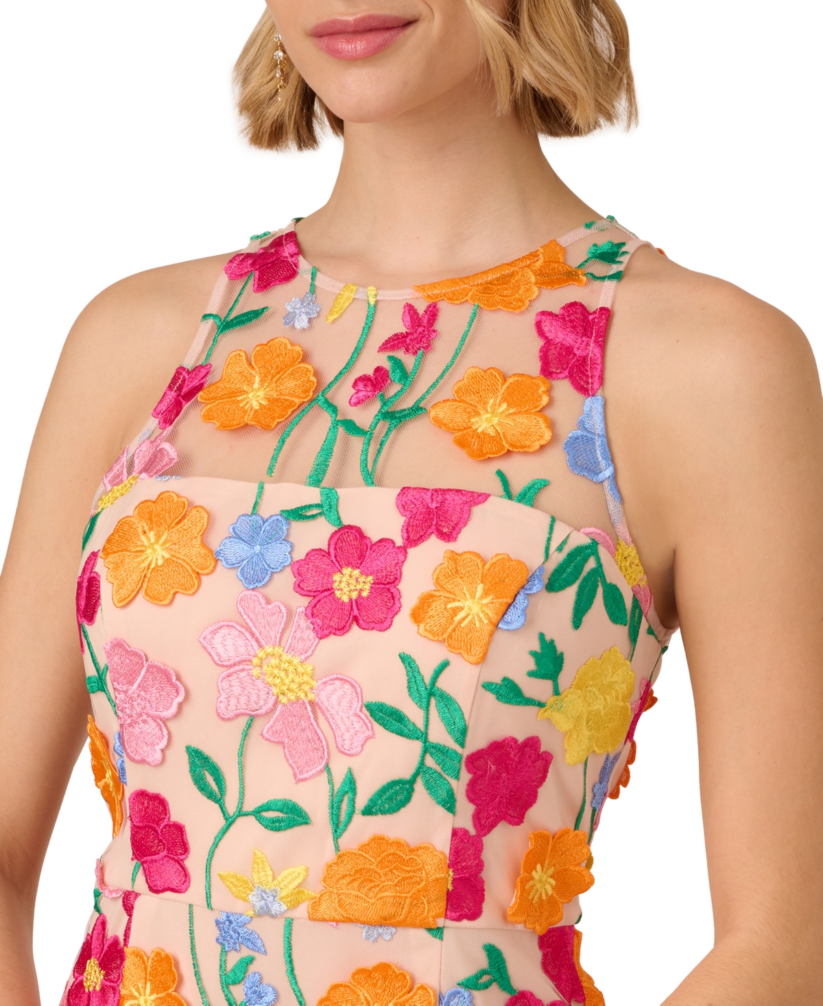 Shop Adrianna Papell Women's Floral-embroidered Column Dress In Pink,yellow