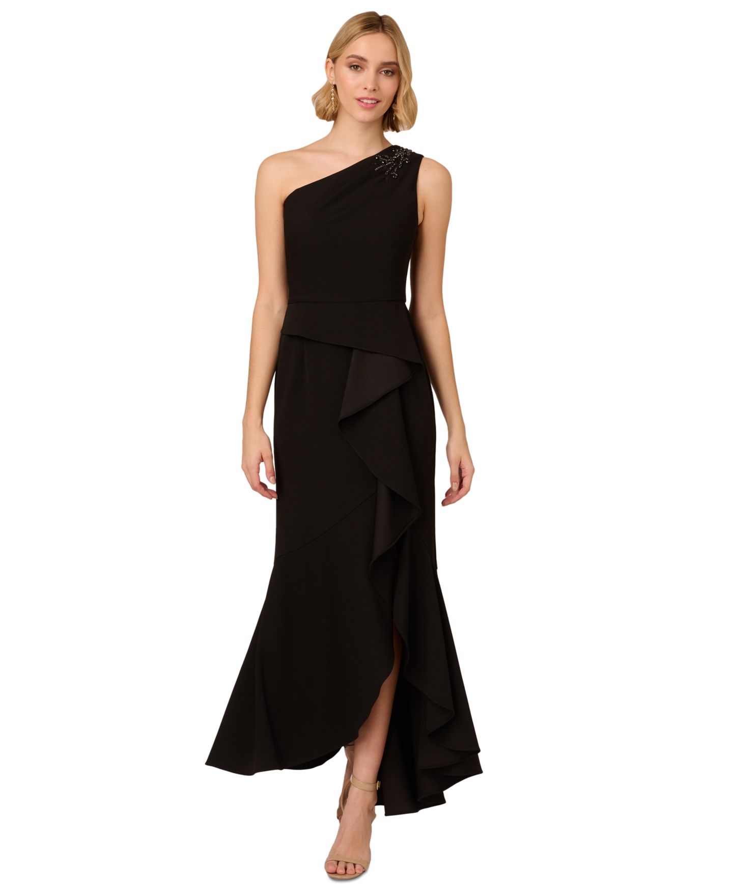 Женское платье Adrianna Papell Beaded One-Shoulder Crepe Gown, цвет: Чёрный — фото 2