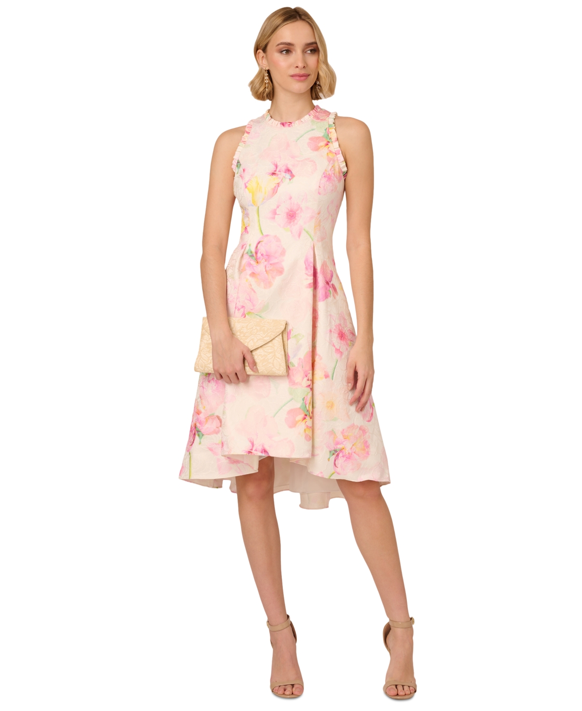 Women's Floral Jacquard Ruffle-Trim Dress - Pink Multi
