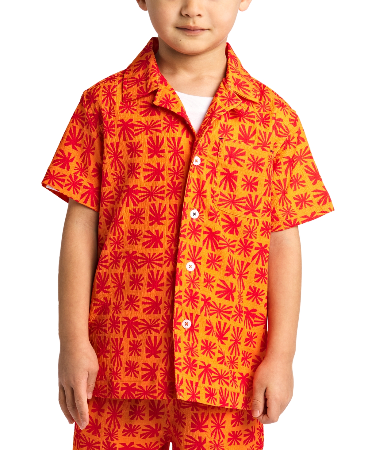 Shop Sovereign Code Big Boys Printed Seersucker Short-sleeve Button-down Shirt In Persimmon Orange,deco