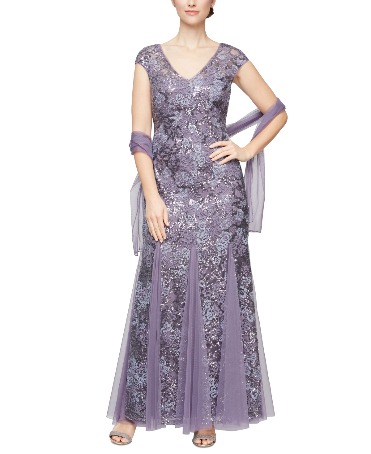 Embellished-Lace Embroidered Illusion Gown & Shawl - Icy Orchid