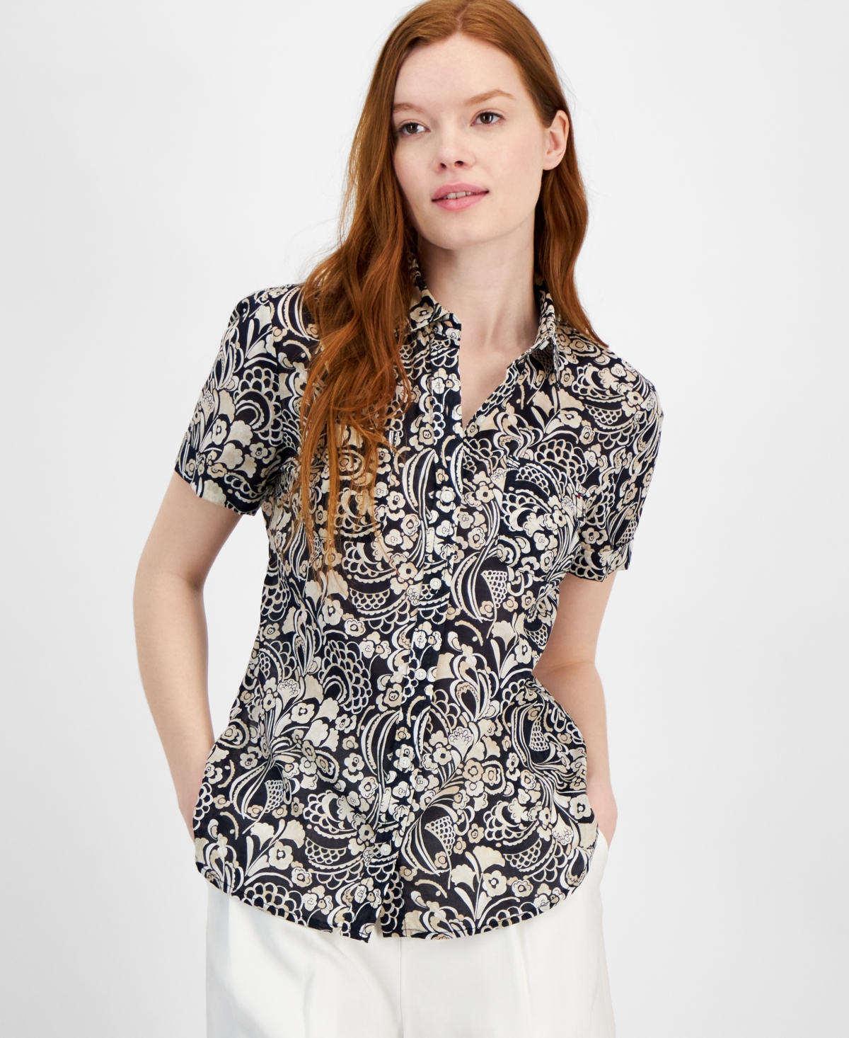Tommy Hilfiger Women's Cotton Floral-print Short-sleeve Shirt In Sky Cap,br