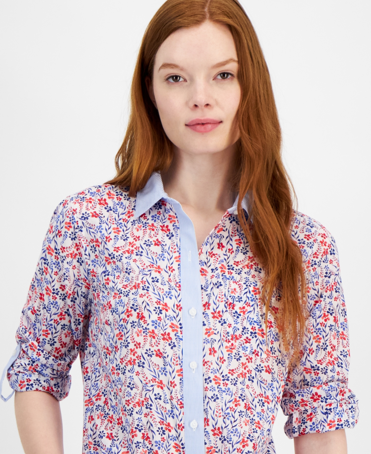 Tommy Hilfiger Women's Cotton Floral Roll-Tab Shirt -sca