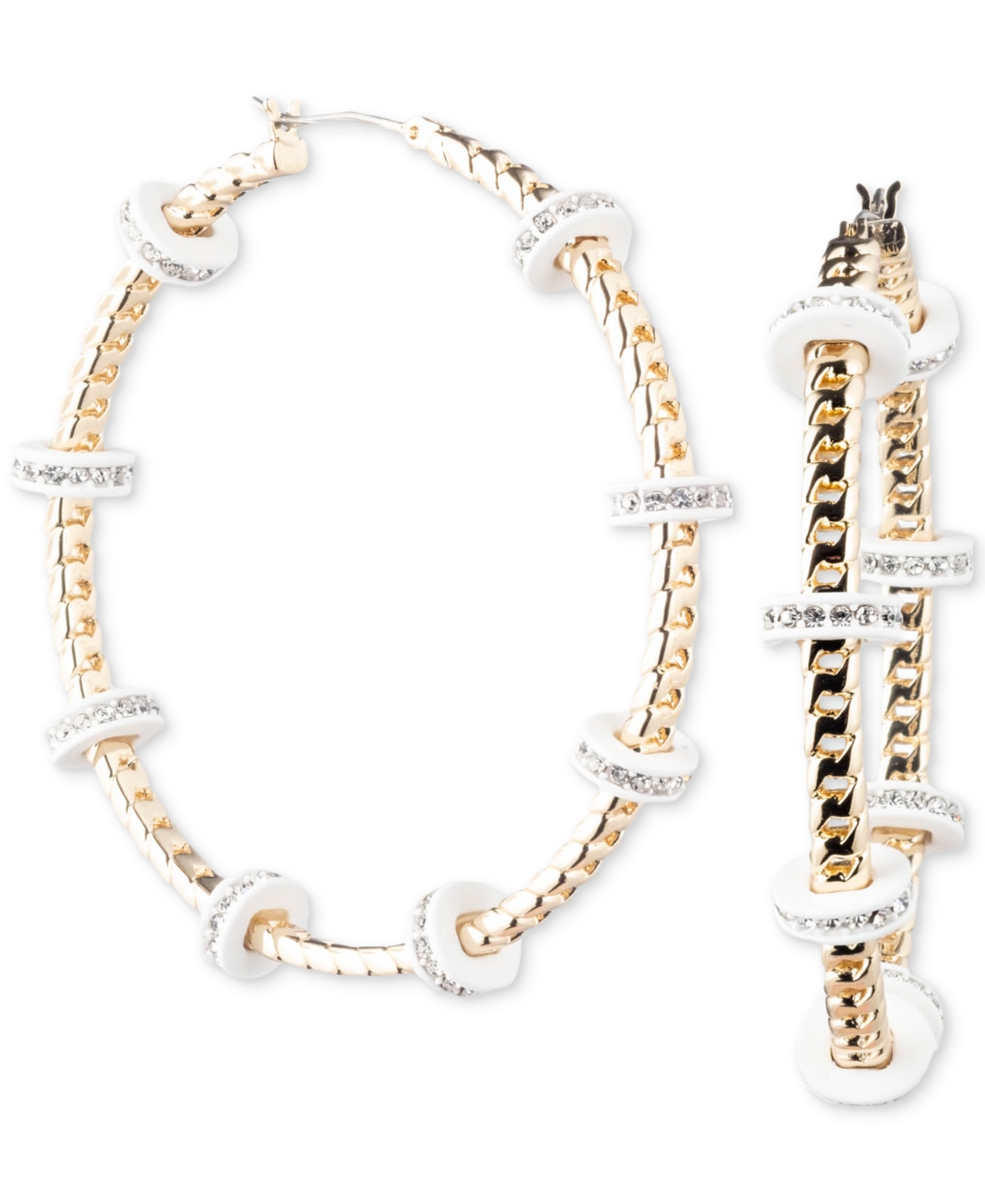 Shop Karl Lagerfeld Gold-tone Medium Pave & Color Bead Curb Chain Hoop Earrings, 1.8" In White