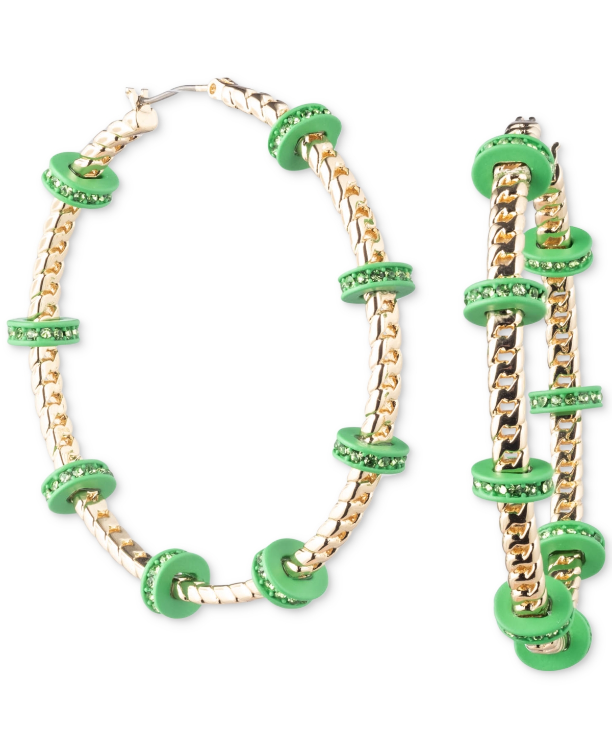 Karl Lagerfeld Gold-tone Medium Pave & Color Bead Curb Chain Hoop Earrings, 1.8" In Green