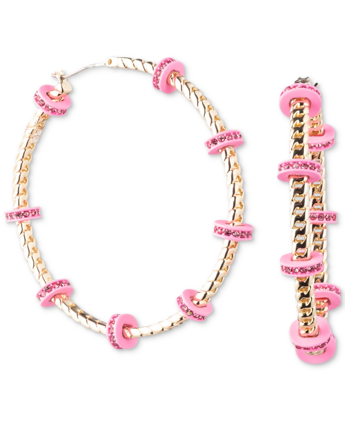 Shop Karl Lagerfeld Gold-tone Medium Pave & Color Bead Curb Chain Hoop Earrings, 1.8" In Pink