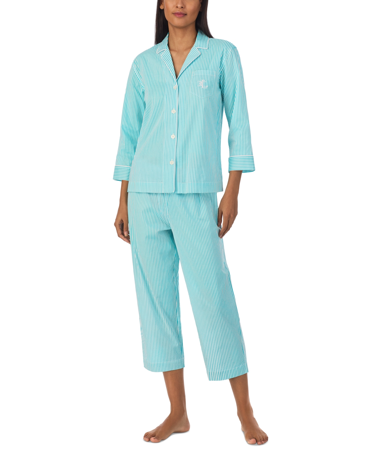 Shop Lauren Ralph Lauren Women's 3/4-sleeve Cropped Pant Pajama Set In Turqouise Stripe