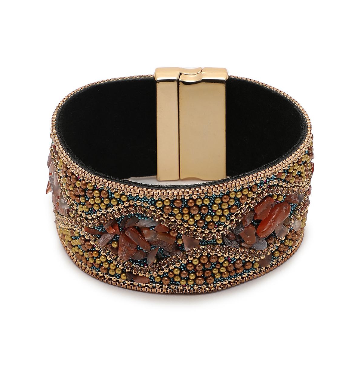 Women's Gold Embellished Leather Bracelet - Brown
