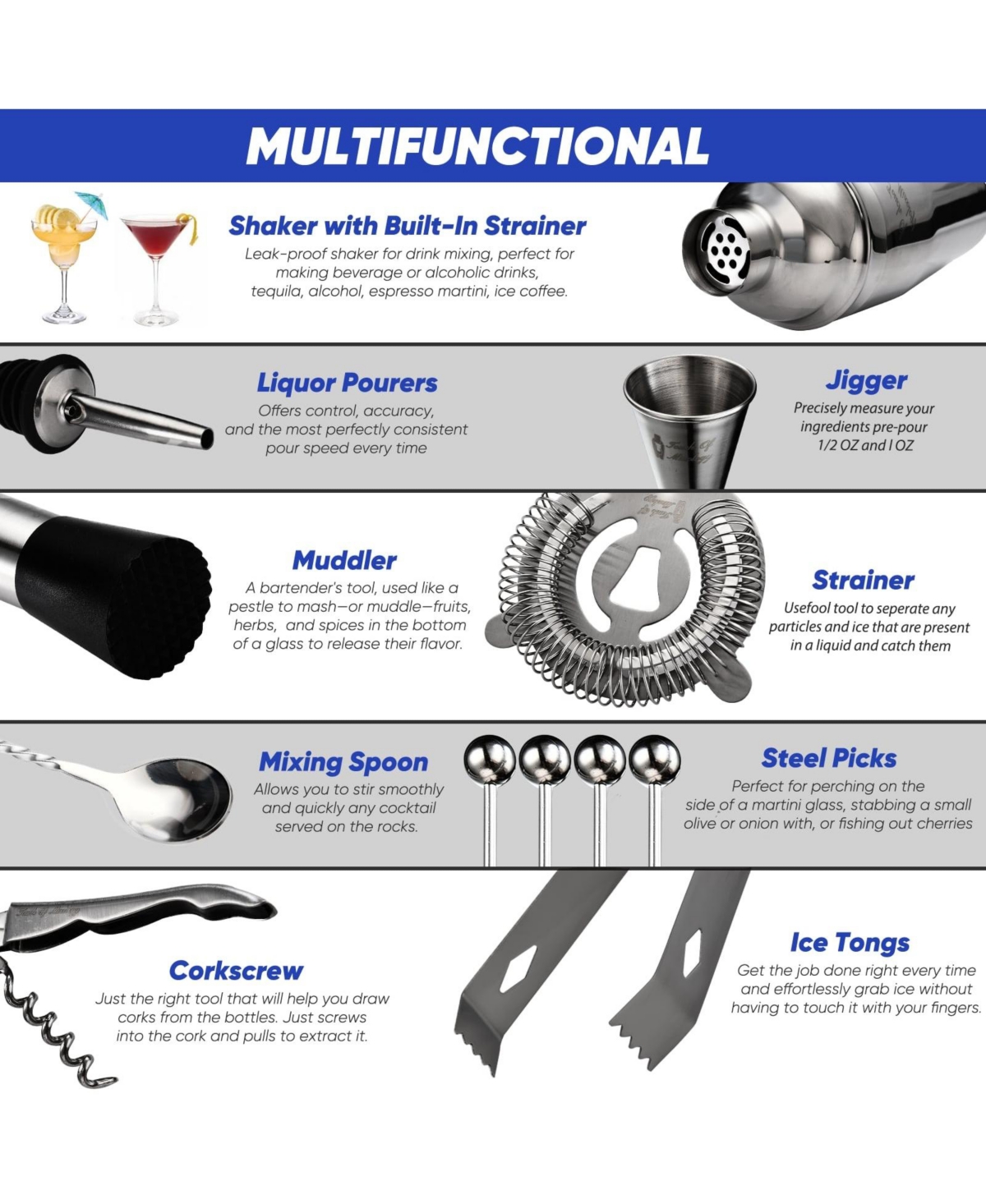 Touch of Mixology Premium 14 Piece Stainless Steel Bartender Kit with Bamboo Stand (Dark Metallic)