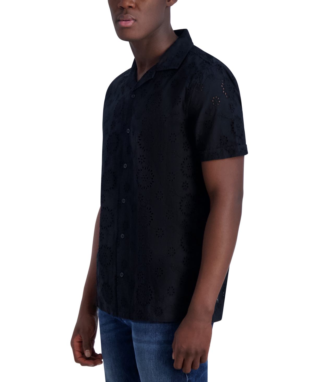 Shop Karl Lagerfeld Men's Slim-fit Eyelet Button-down Camp Shirt In Black