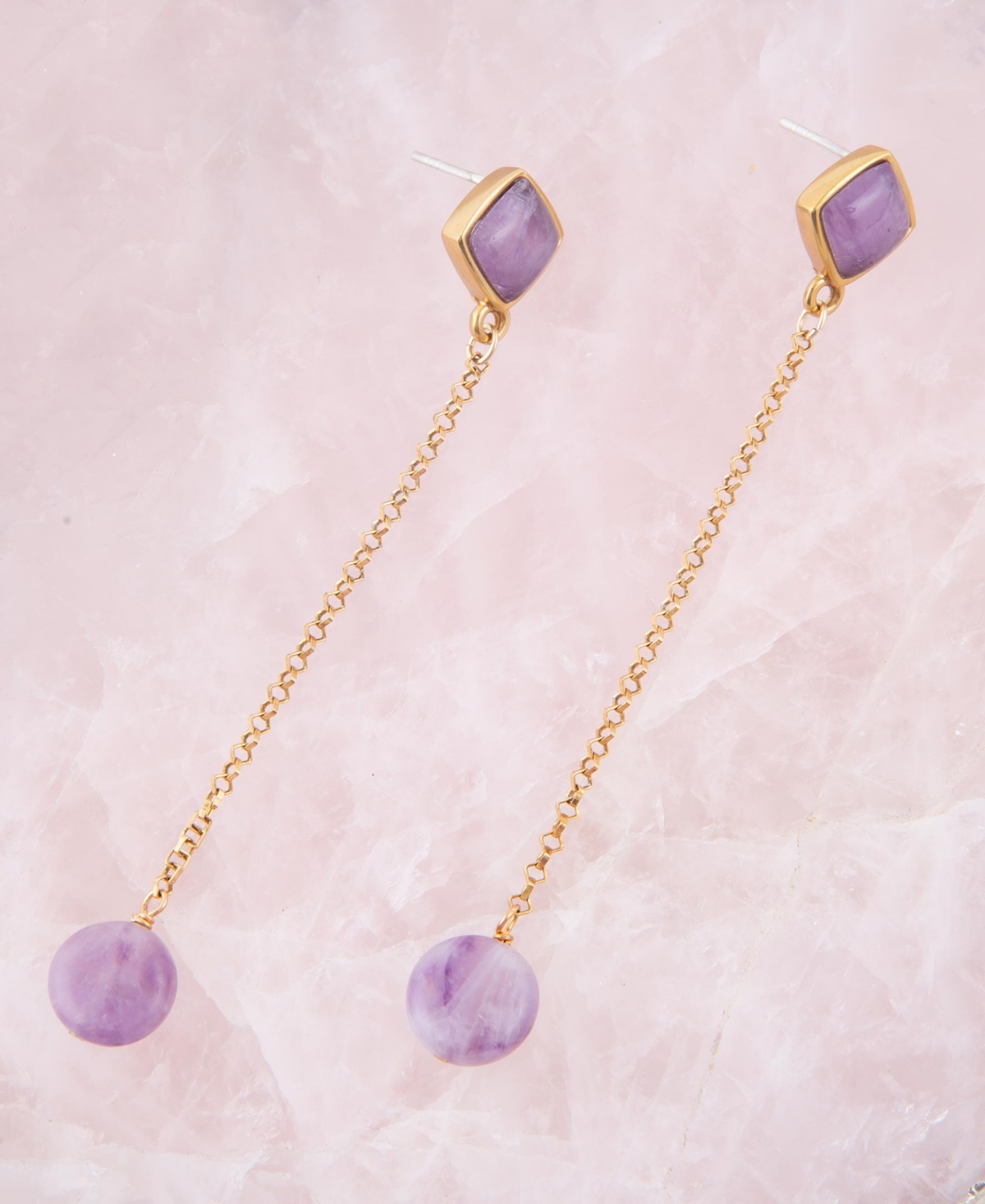 Barse Chained Up Genuine Purple Amethyst Golden Bronze Kite Drop Earrings In Purple