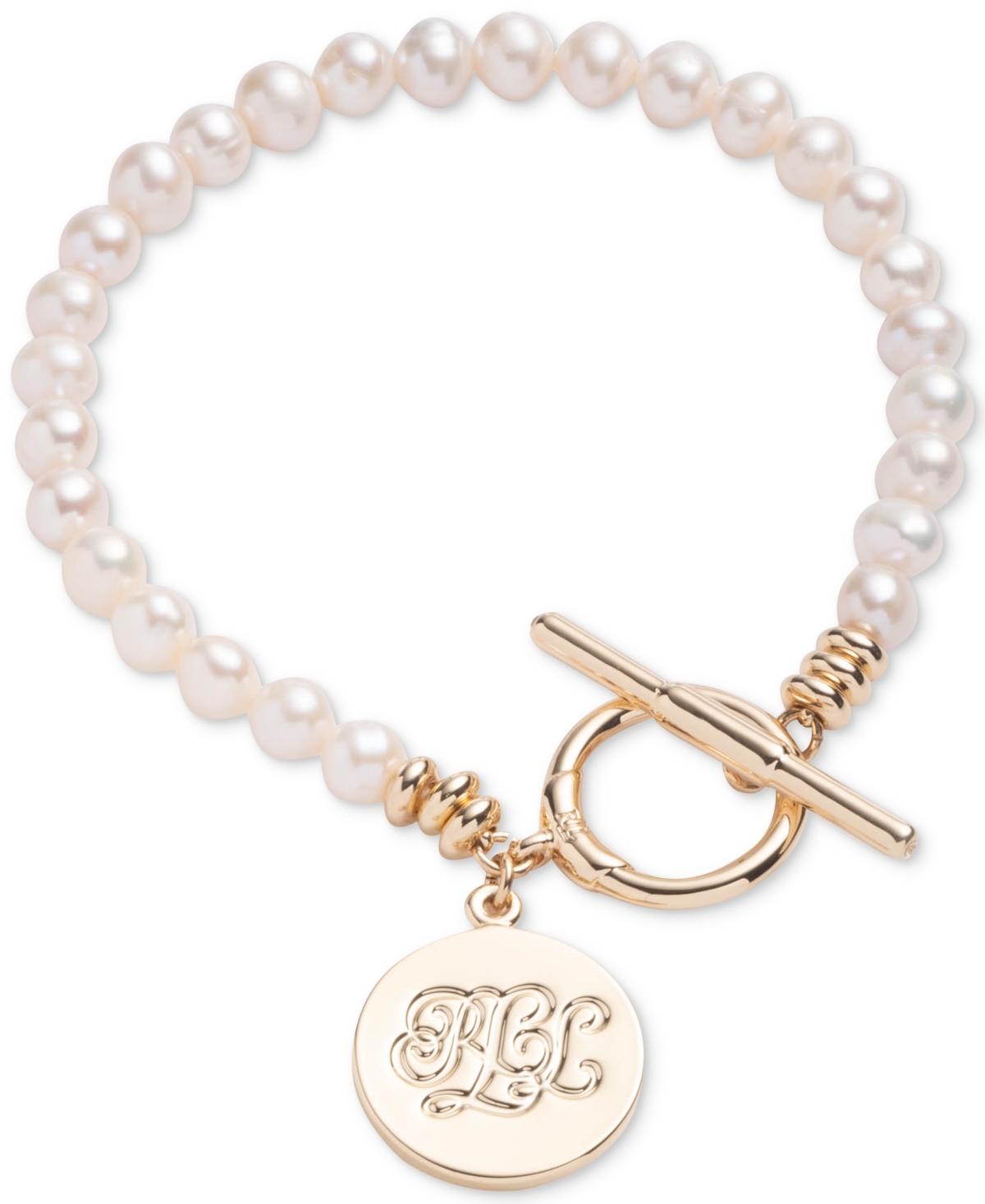 Shop Lauren Ralph Lauren Gold-tone White Freshwater Pearl (5-6mm) Logo Flex Bracelet