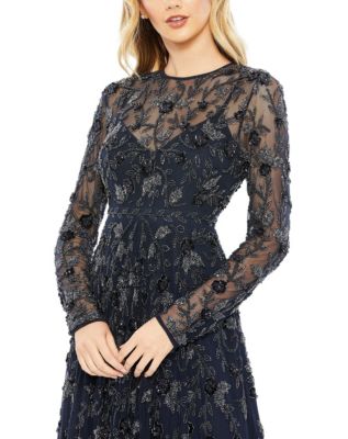 Mac Duggal Women's Beaded Illusion High Neck Long Sleeve A