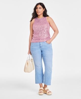Womens Sequined Tank Gold Tone Bead Imitation Pearl Collar Necklace 16 1 2 2 Extender High Rise Cropped Flare Jeans Created For Macys