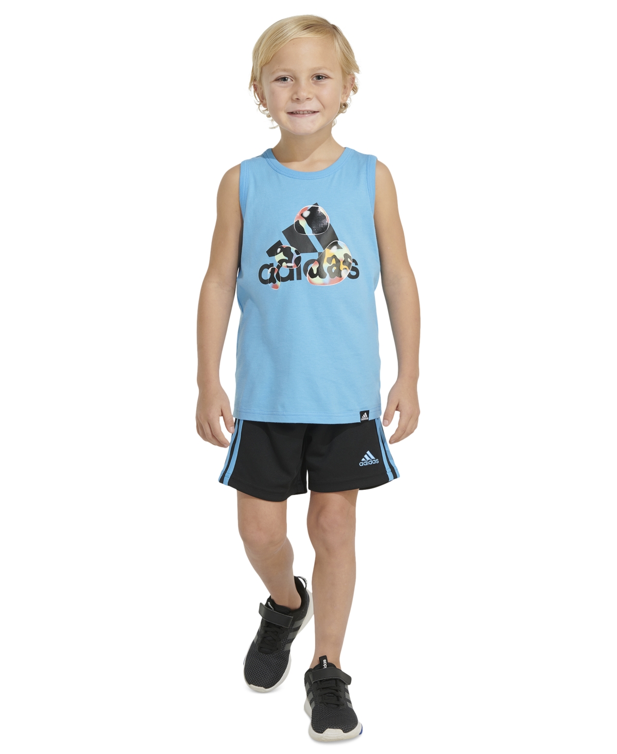 Shop Adidas Originals Little & Toddler Boys Sleeveless Logo Tank & Elastic-waistband 3-stripe Shorts, 2 Piece Set In Semi Blue Burst