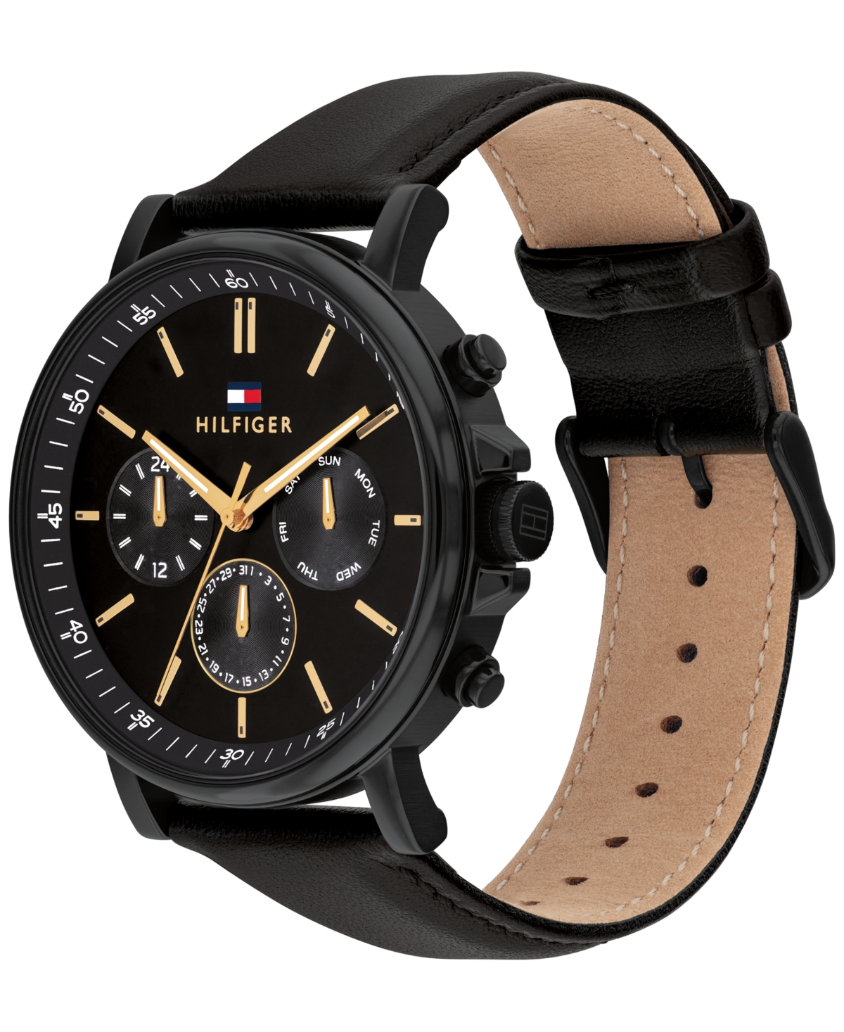 Tommy Hilfiger Men's Multifunction Black Leather Watch 44mm In Black
