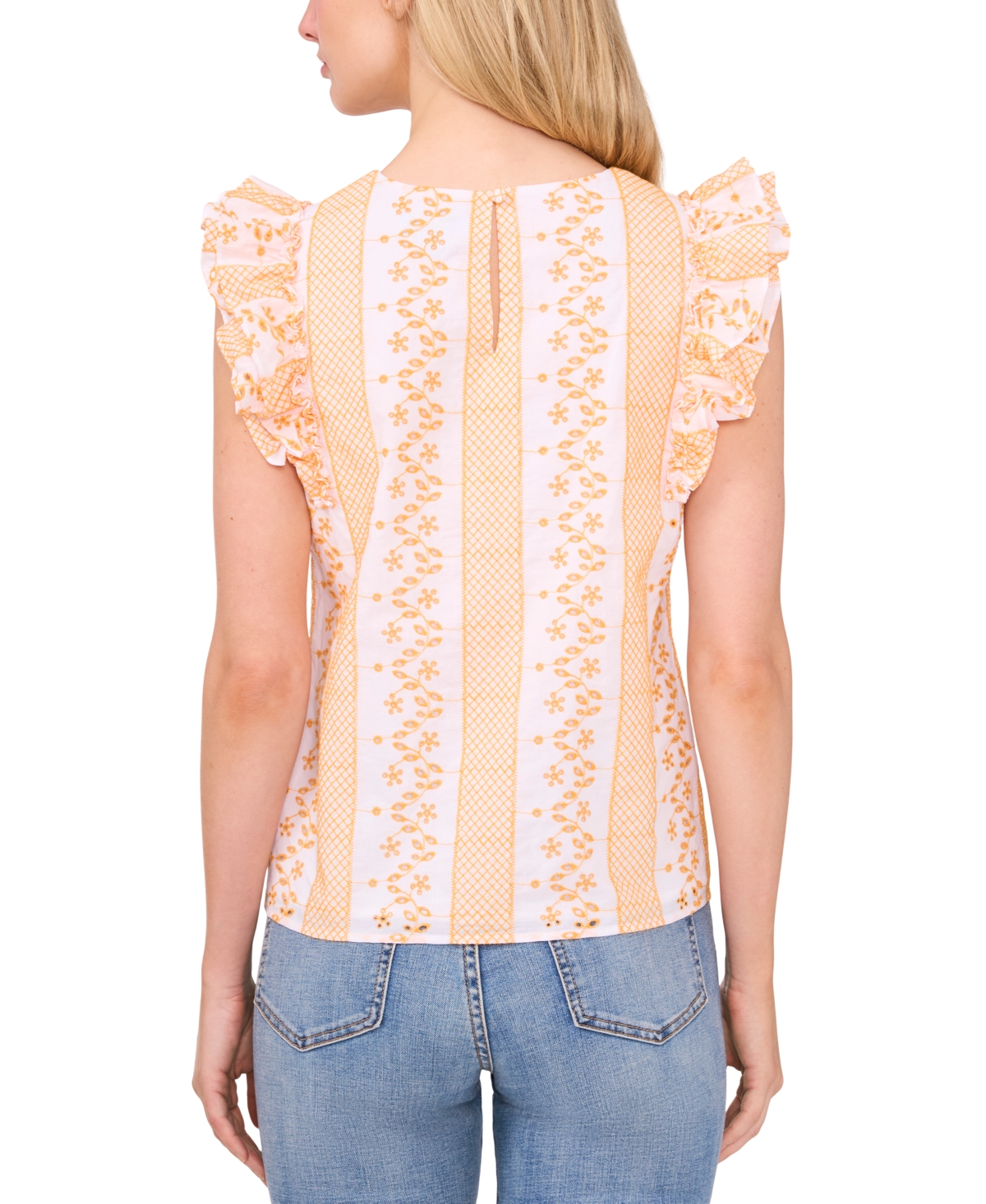 CeCe Women's Embroidered Crewneck Ruffle Sleeve Blouse