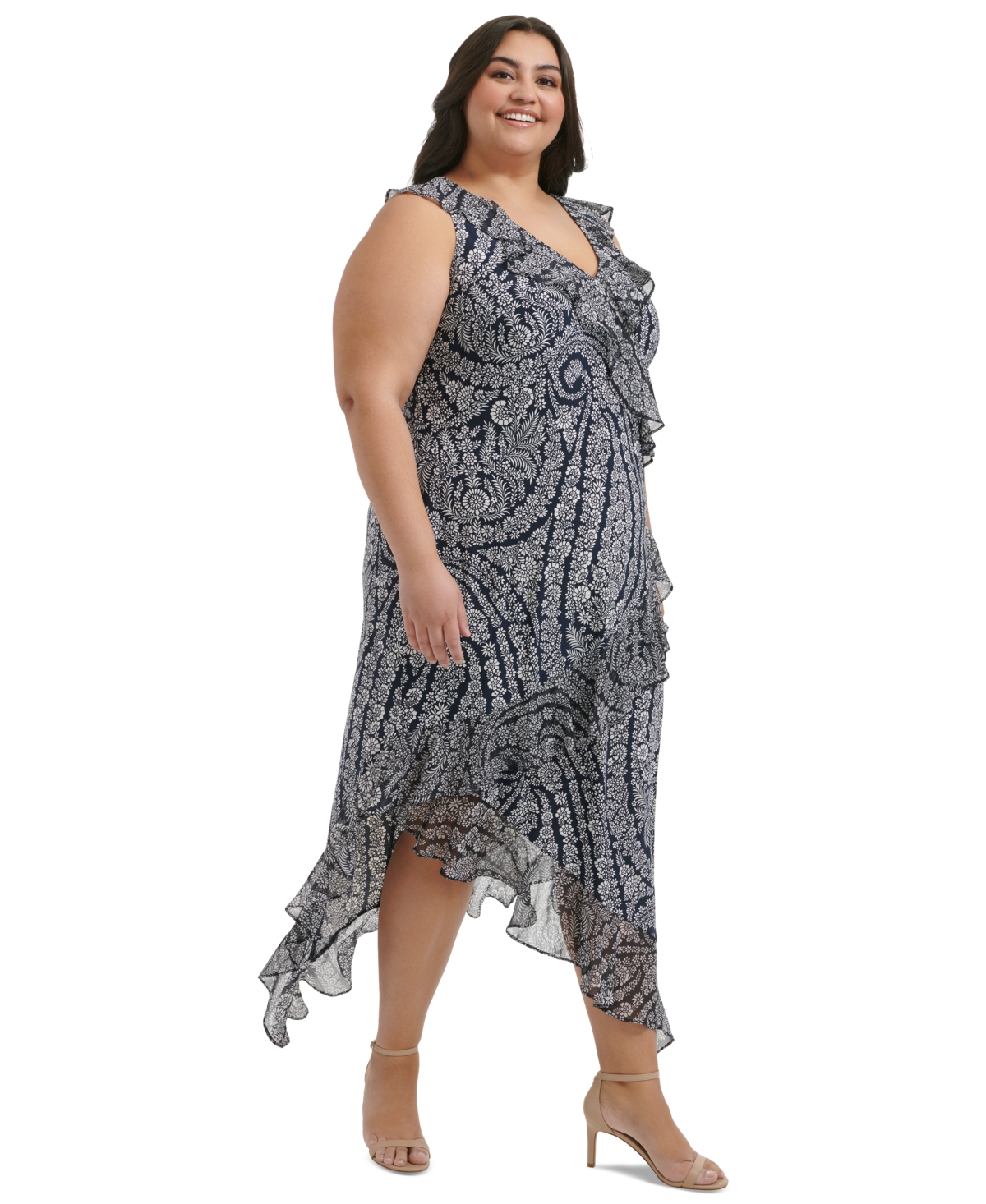 Shop Tommy Hilfiger Plus Size Ruffled Printed Midi Dress In Sky Capt,i