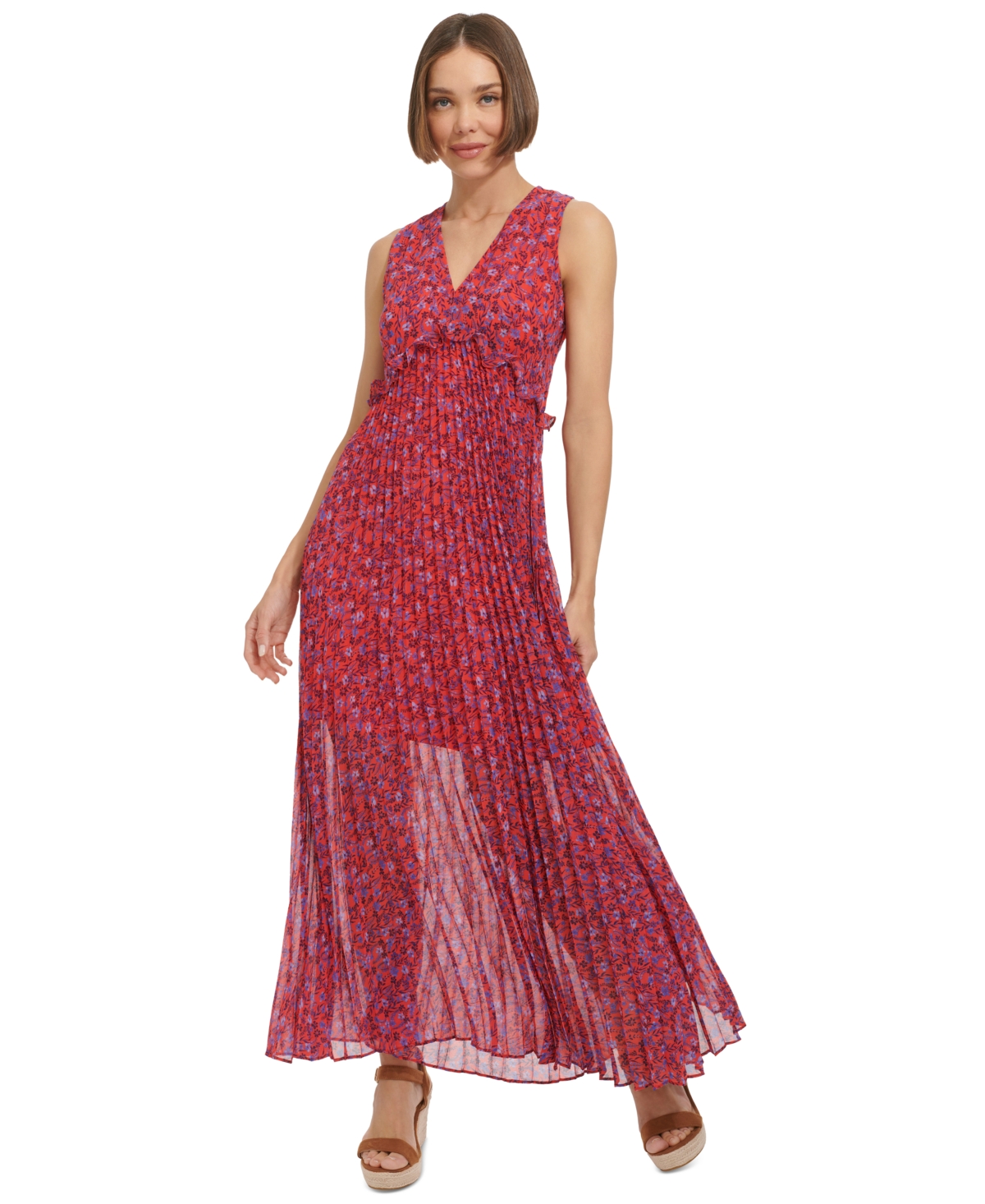 Shop Tommy Hilfiger Women's Ruffled Pleated Maxi Dress In Guava,ampa