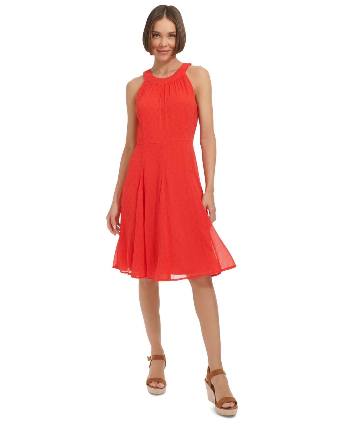 Women's Clip-Dot Fit & Flare Halter Dress - Guava