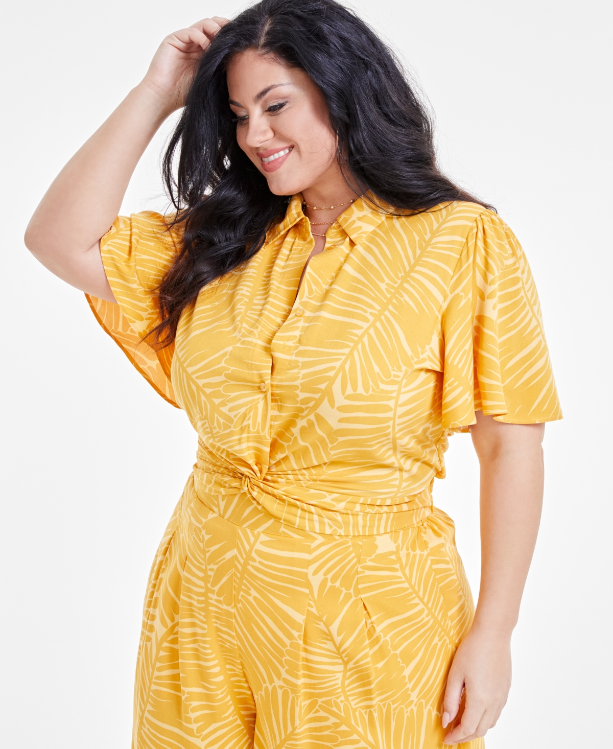 Shop Nina Parker Trendy Plus Size Cropped Knot-hem Top, Created For Macy's In Golden Pal