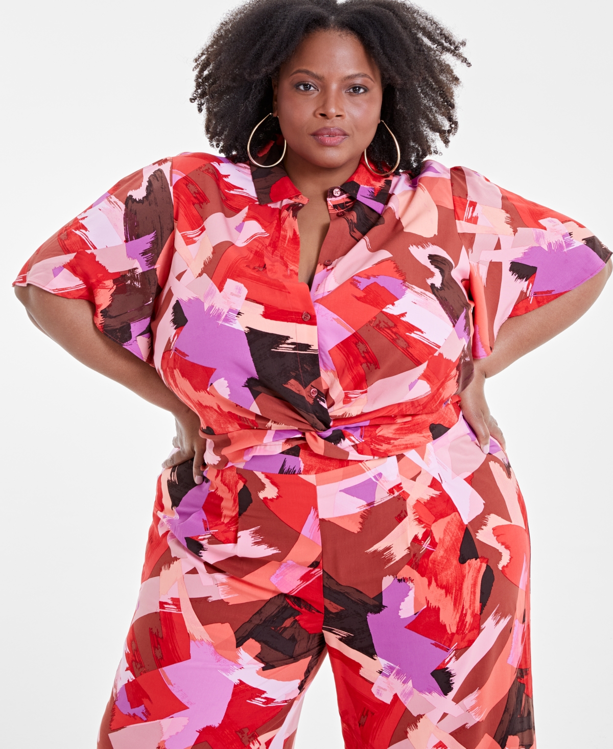 Shop Nina Parker Trendy Plus Size Cropped Knot-hem Top, Created For Macy's In Paint Colo