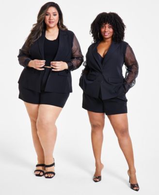 Shop Nina Parker Trendy Plus Size Organza Sleeve Blazer Tank Top Shorts In Black Beau