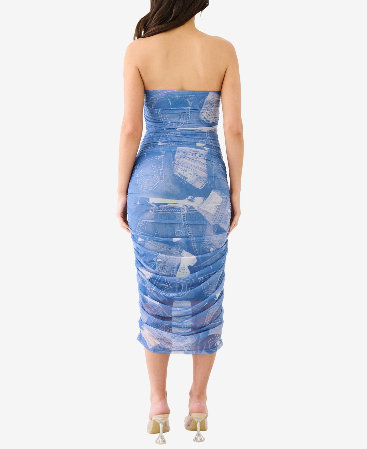 Shop True Religion Women's Printed Denim Midi Mesh Ruche Tube Dress In Misc