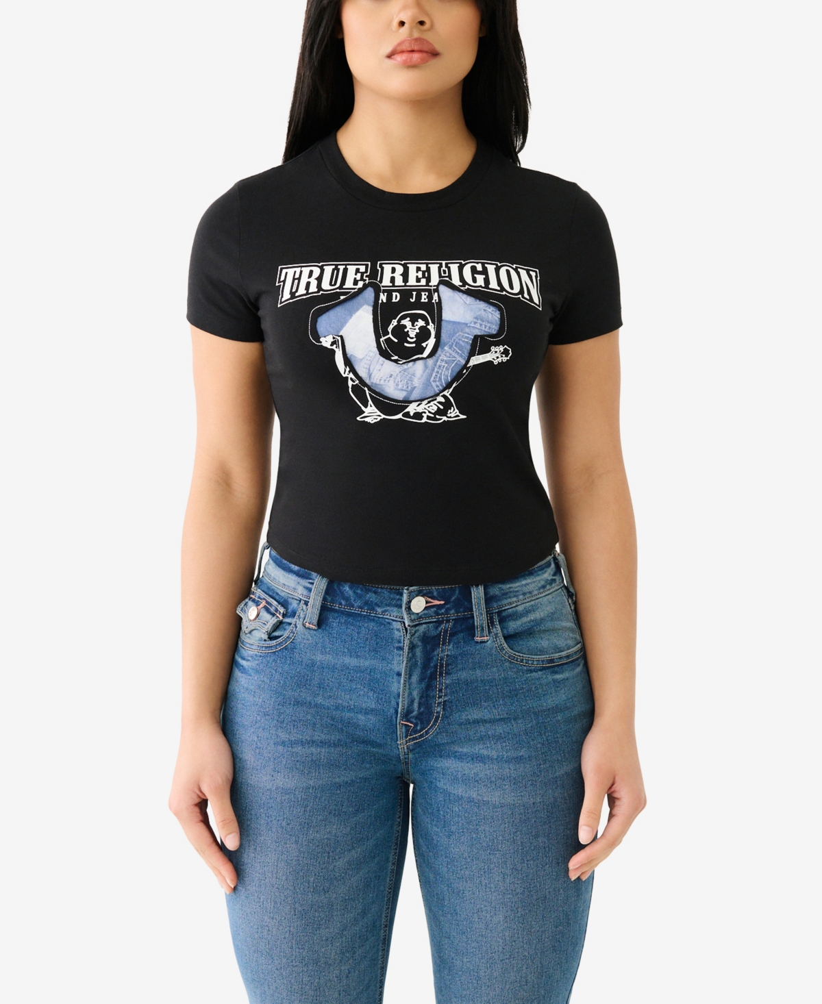 True Religion Women's Distressed Horseshoe Baby Tee In Black