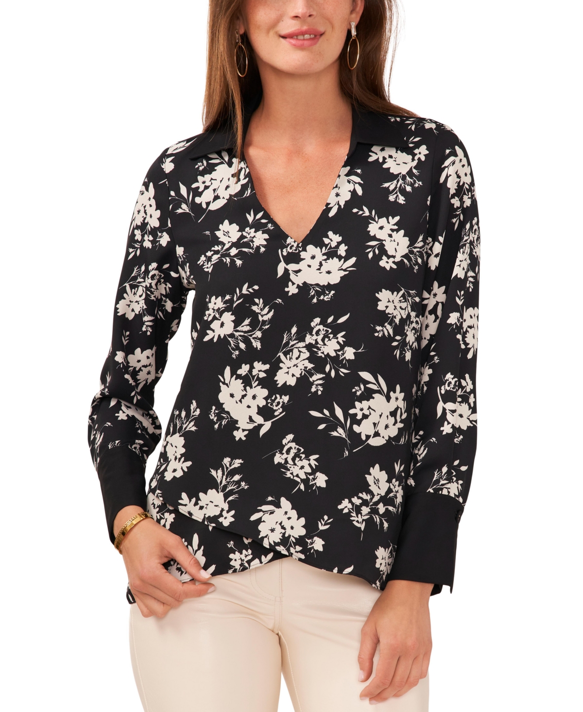 Shop Vince Camuto Women's Floral-print Collared Top In Rich Black