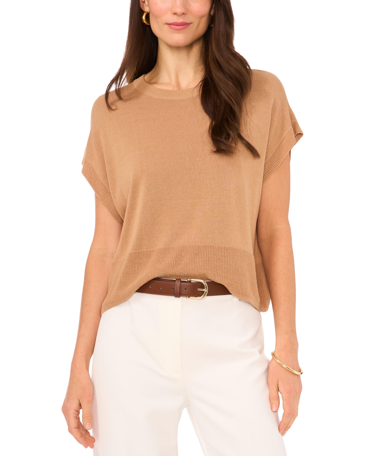 Shop Vince Camuto Women's Drop-shoulder Short-sleeve Sweater In Pecan Brown