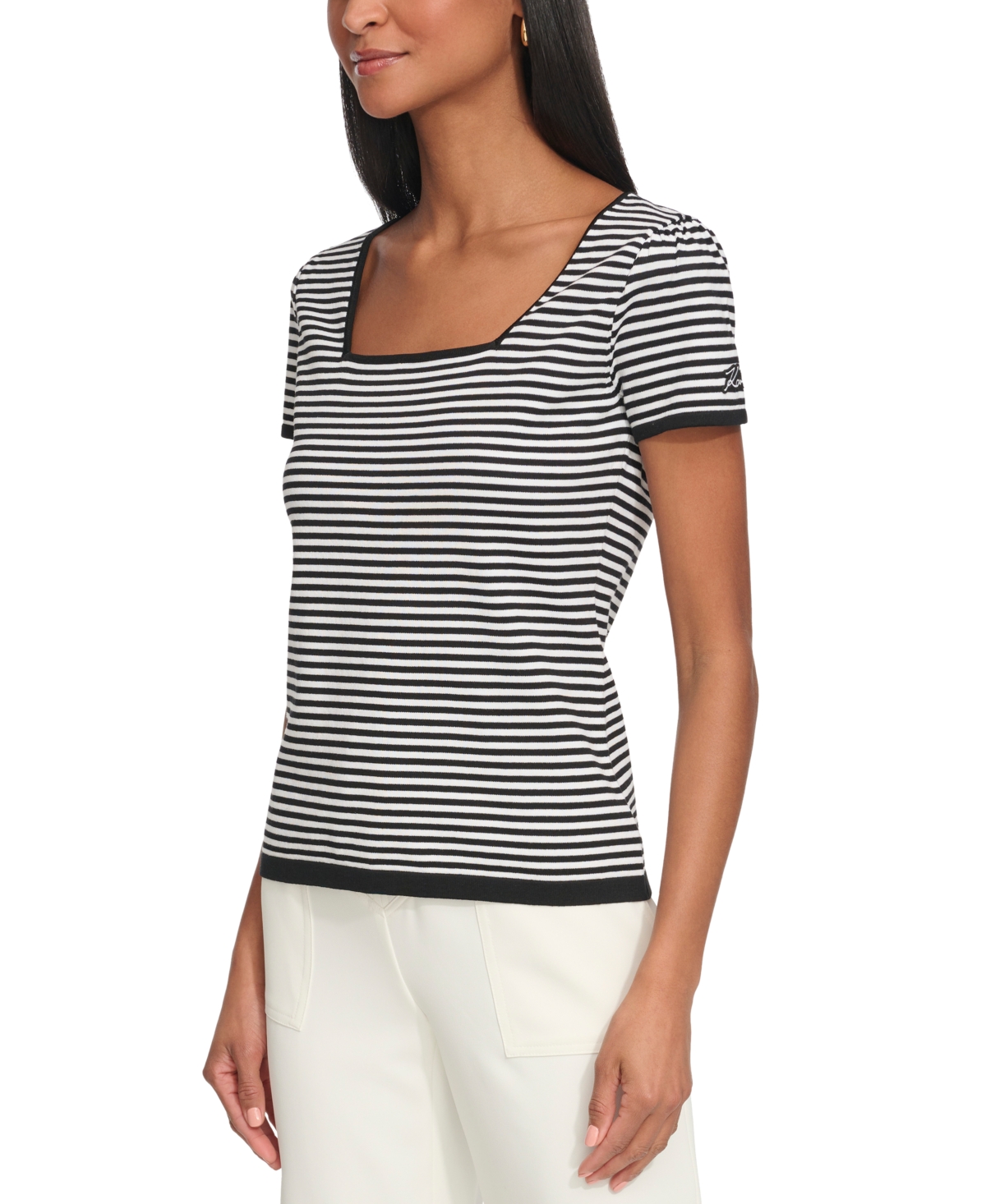 Shop Karl Lagerfeld Women's Striped Square-neck Short-sleeve Sweater In Black,soft White