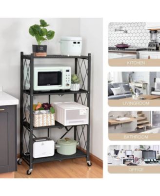 4-Tier Foldable Metal Storage Shelf Unit with Heavy Duty Frame and Kitchen Hooks