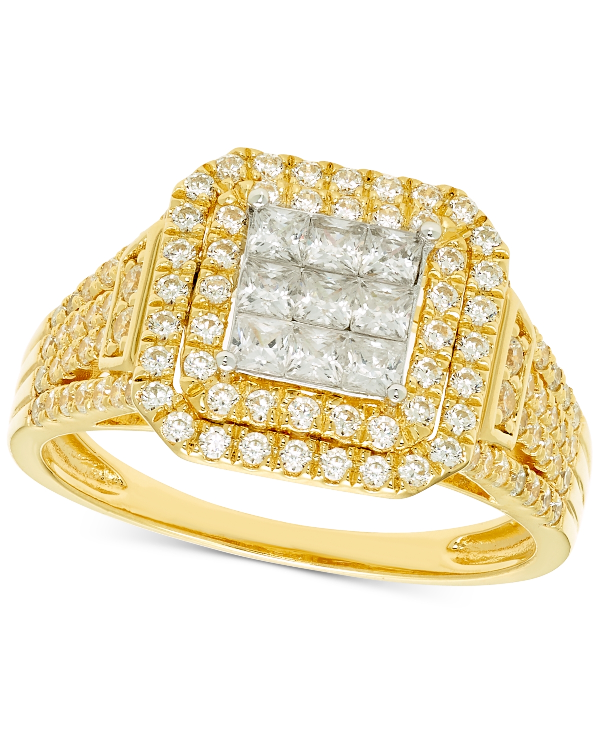 Shop Macy's Diamond Square Halo Cluster Engagement Ring (1 Ct. T.w.) In 14k Gold In Yellow Gold