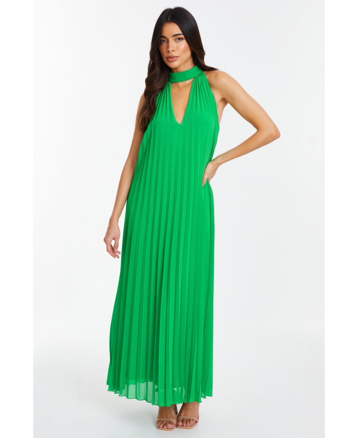 Women's Chiffon Pleated High Neck Midi Dress - Green