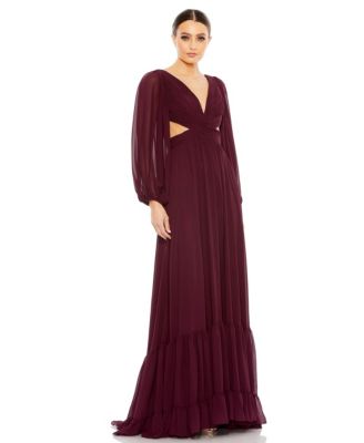 Mac Duggal Women's Pleated Cut Out Long Sleeve Lace Up Tiered Gown - Macy's