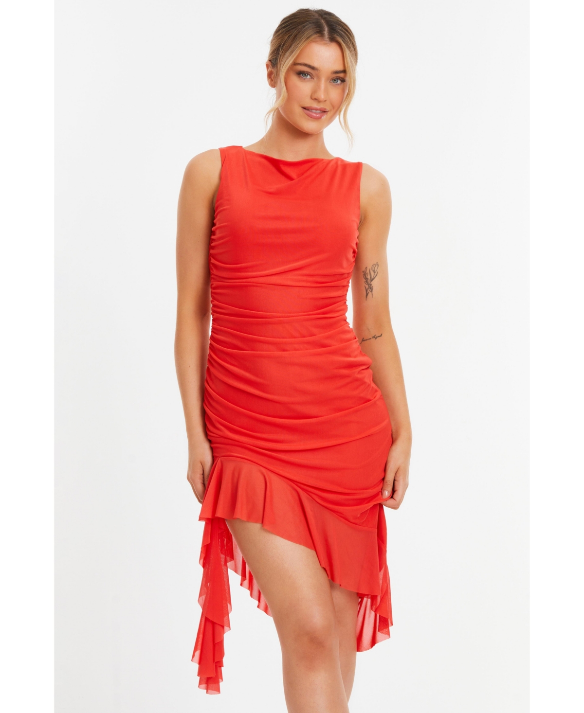 Women's Mesh Frill Asymmetric Midi Dress - Red