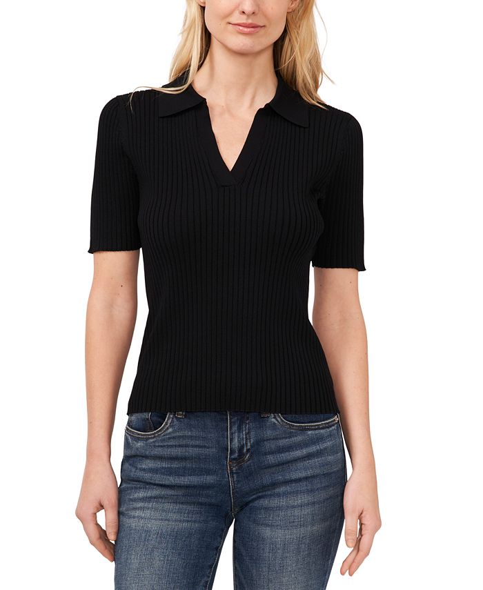CeCe Women's Short Sleeve Collared Sweater Green Size M