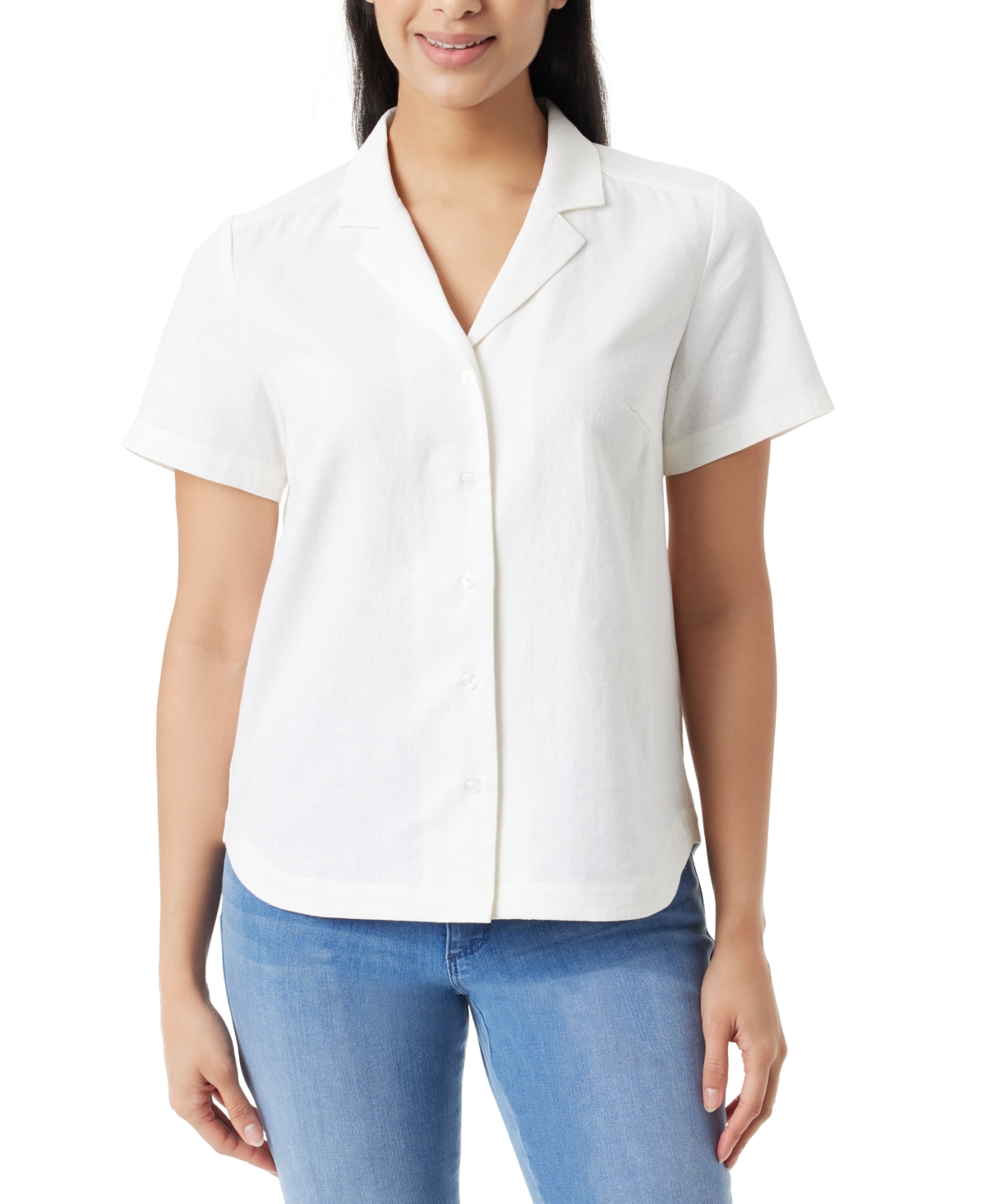 Women's Linen-Blend Button-Up Camp Shirt - Hydra Blue