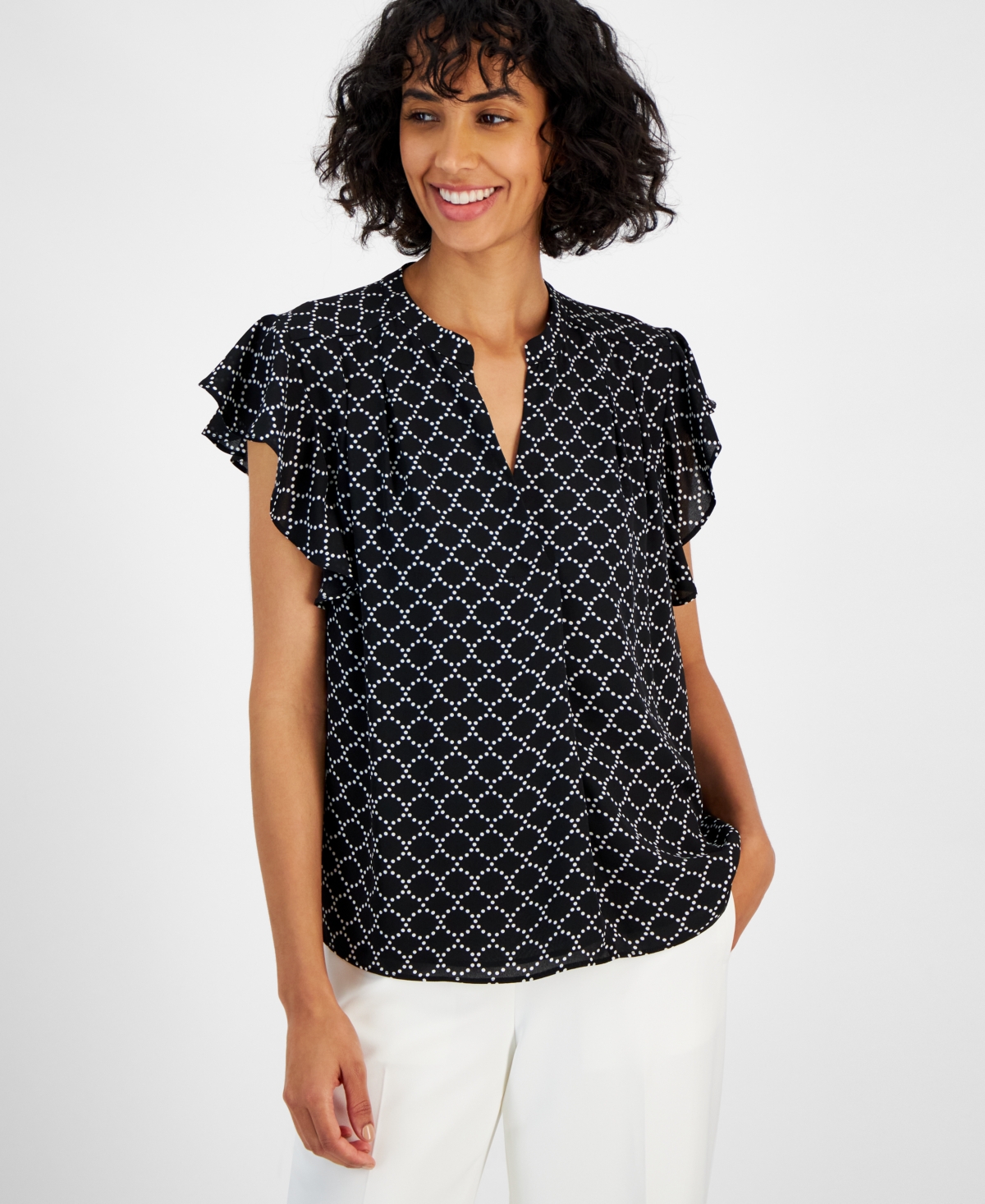 Women's Printed Split-Neck Flutter-Sleeve Top - Dotted Black