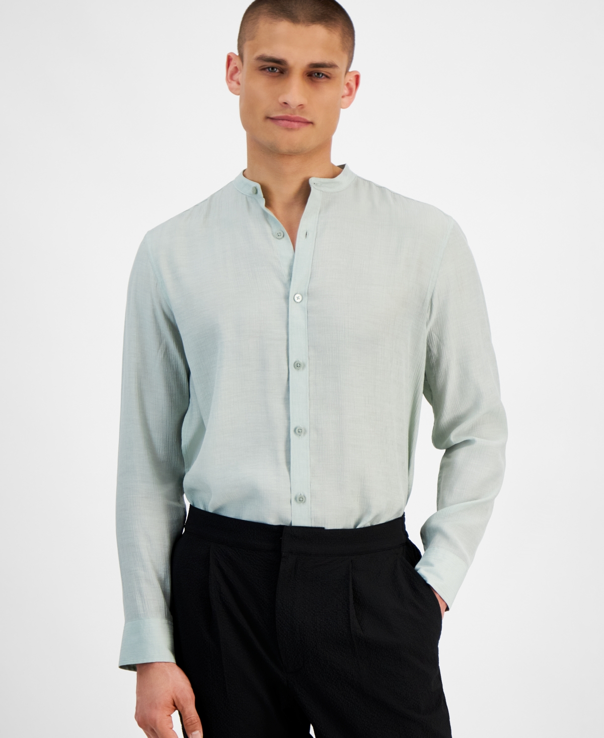 Shop Alfani Men's Regular-fit Crinkled Button-down Band-collar Shirt, Created For Macy's In Mint Sugar