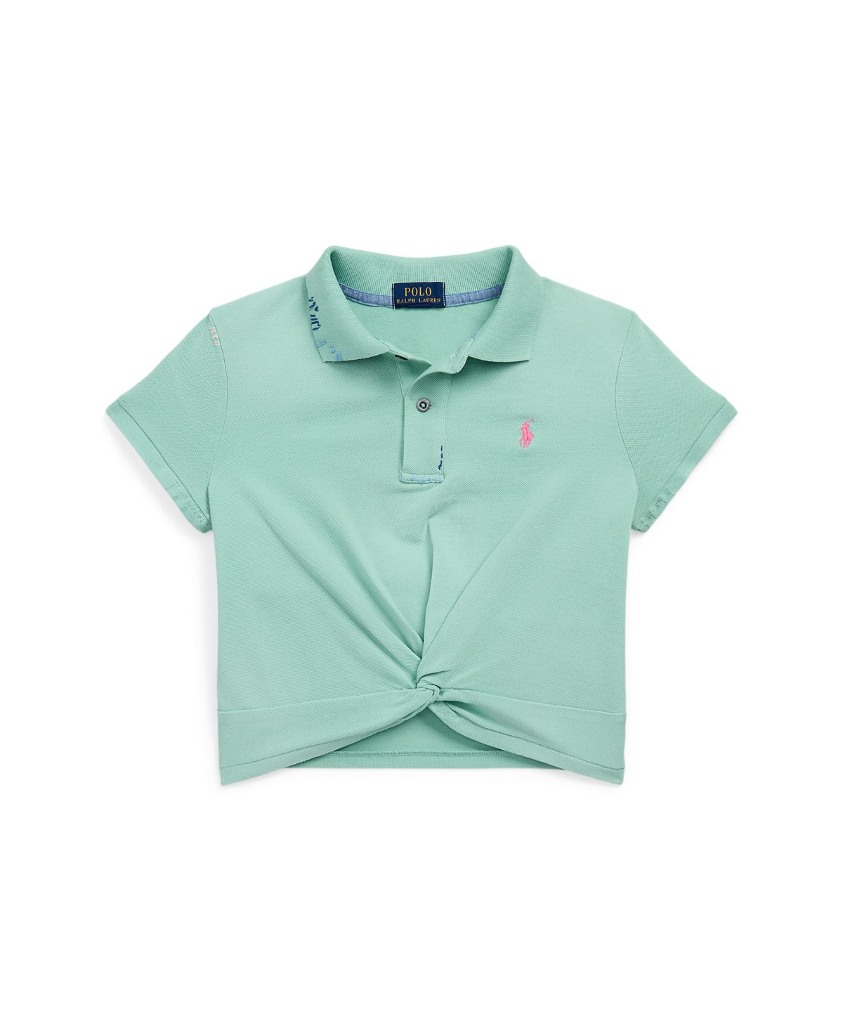 Polo Ralph Lauren Kids' Toddler And Little Girls Twist-front Stretch Mesh Polo Shirt In Celadon With Pink