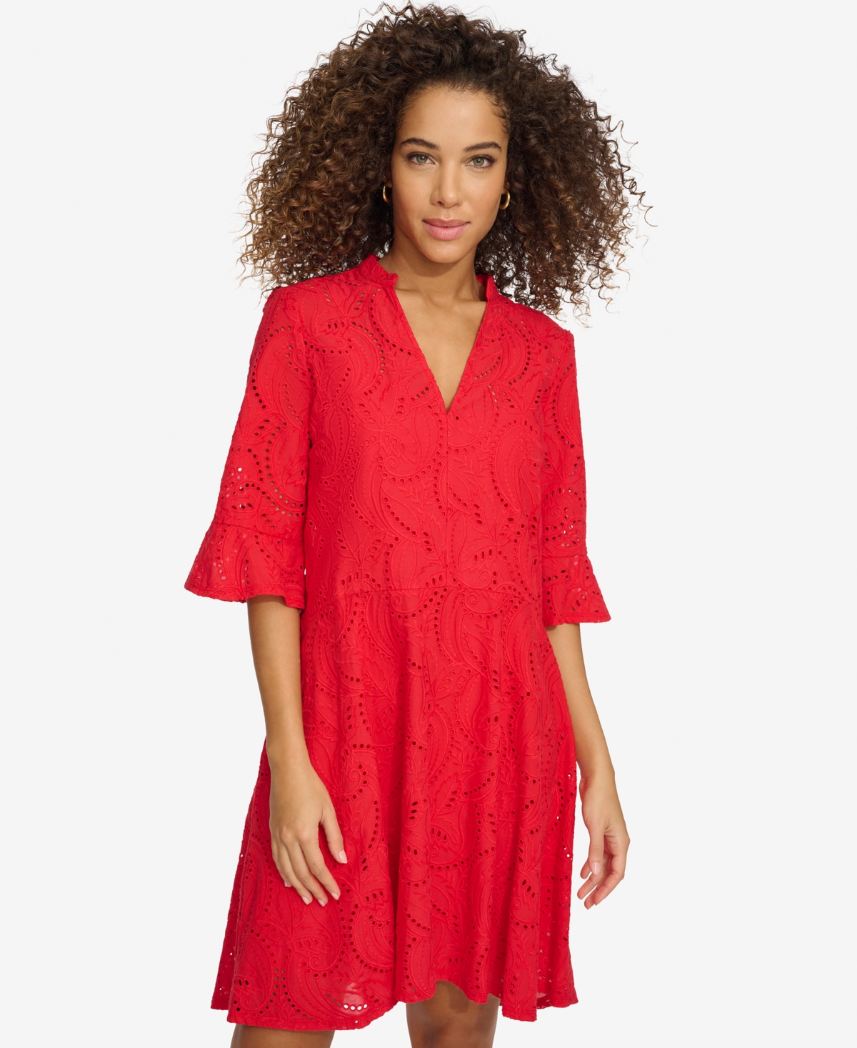 Shop Kensie Women's Cotton Eyelet Bell-sleeve High-low Dress In Poppy