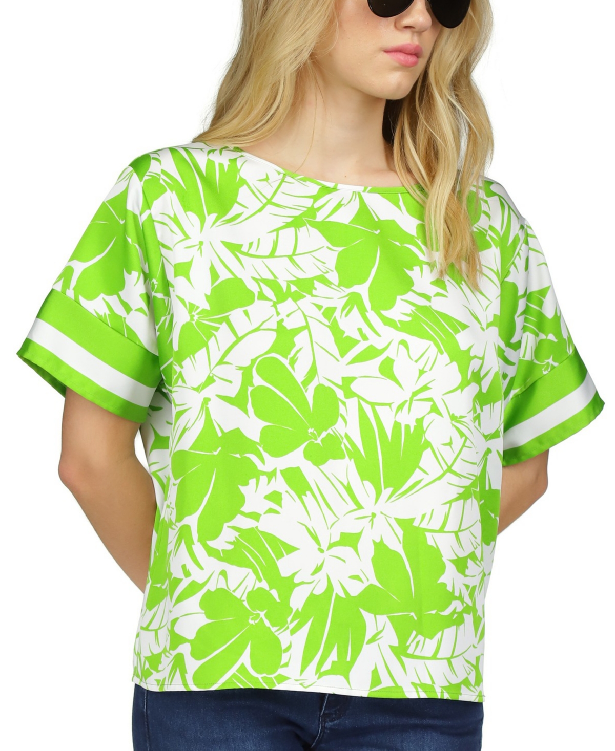 Shop Michael Kors Michael  Women's Palm-print Satin Twill Short-sleeve Blouse, Regular & Petite In Green Apple
