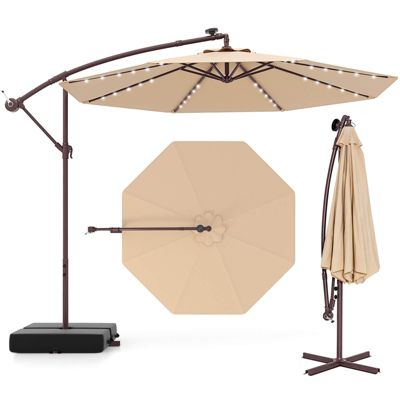 Patio Hanging Offset Umbrella 32 LED Lights Sand Bag Outdoor Cross Base