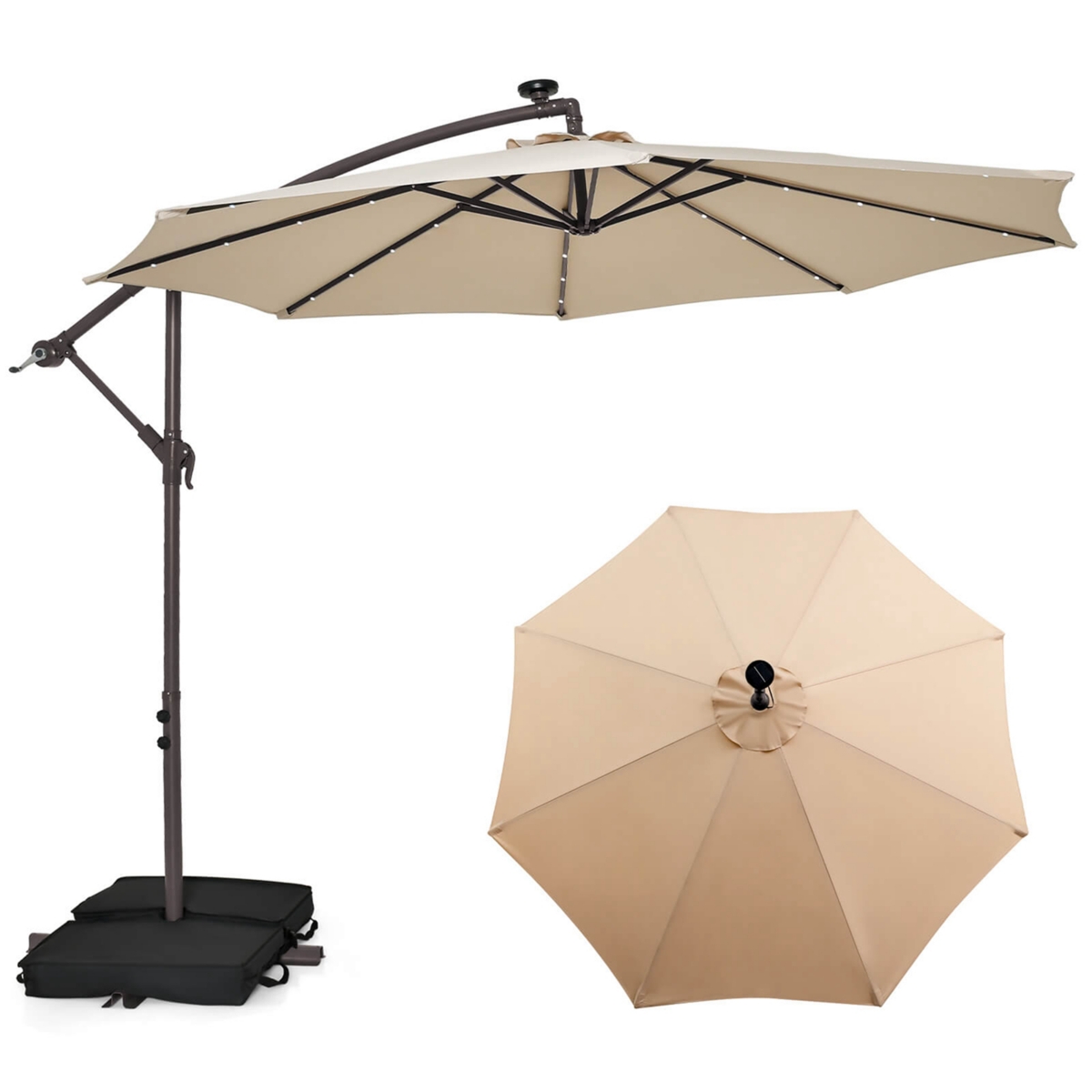 Costway Patio 10FT Hanging Offset Umbrella 32 Led Lights Sand Bag Outdoor Cross Base