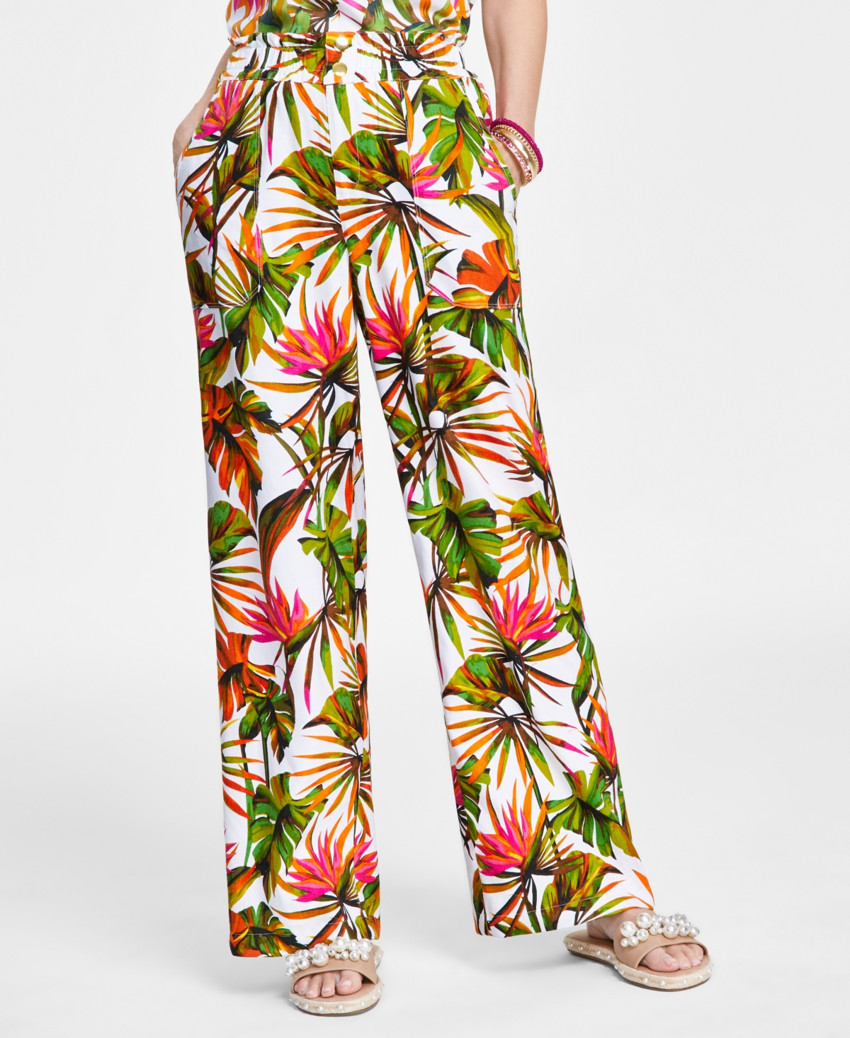 Petite Printed Linen Wide-Leg Pants, Created for Macy's - Tropical Garden