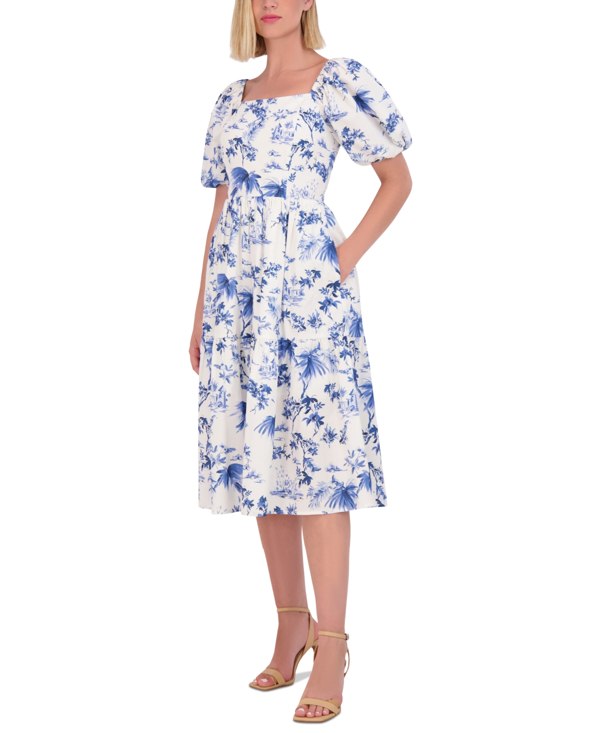 Women's Floral Puff-Sleeve Midi Dress - Blue
