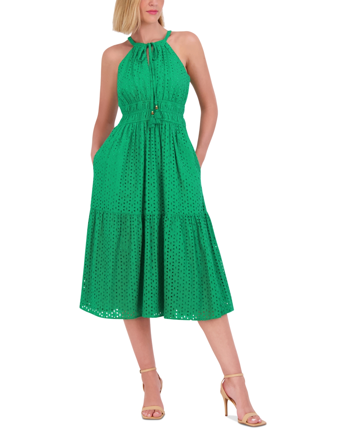 Vince Camuto Women's Cotton Sleeveless Eyelet Midi Dress In Green