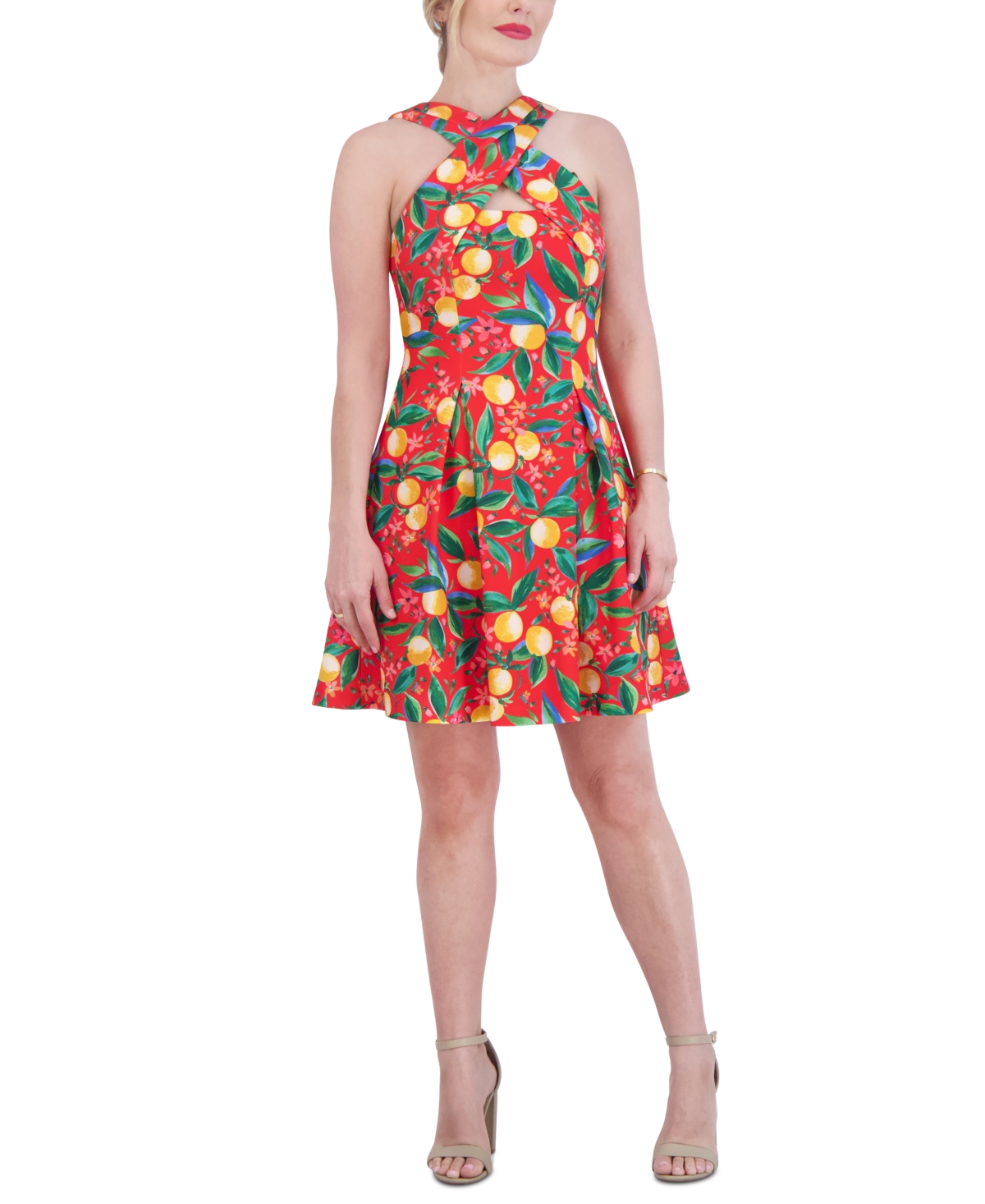 Shop Vince Camuto Petite Printed High-neck Sleeveless Fit & Flare Dress In Red